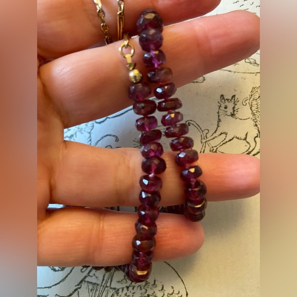 Rhodolite Garnet Hand Strung Gem Necklace With Gold Filled Antique Watch Chain - Picture 12 of 17